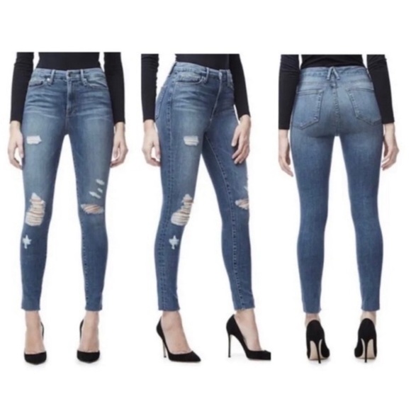 Good American Denim - GOOD AMERICAN Good Waist Distressed Raw Hem Skinny Jeans